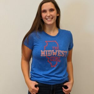 Women wearing medium bright blue t shirt with outline of Illinois and the midwest girl in red