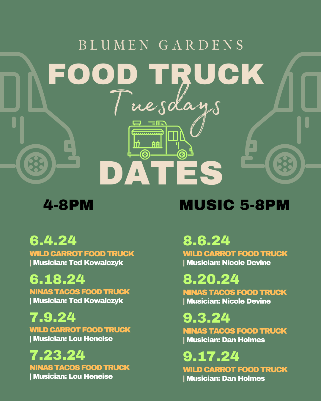 Food Truck Tuesday at Blumen Gardens- Tuesday, June 18th- 4-8PM