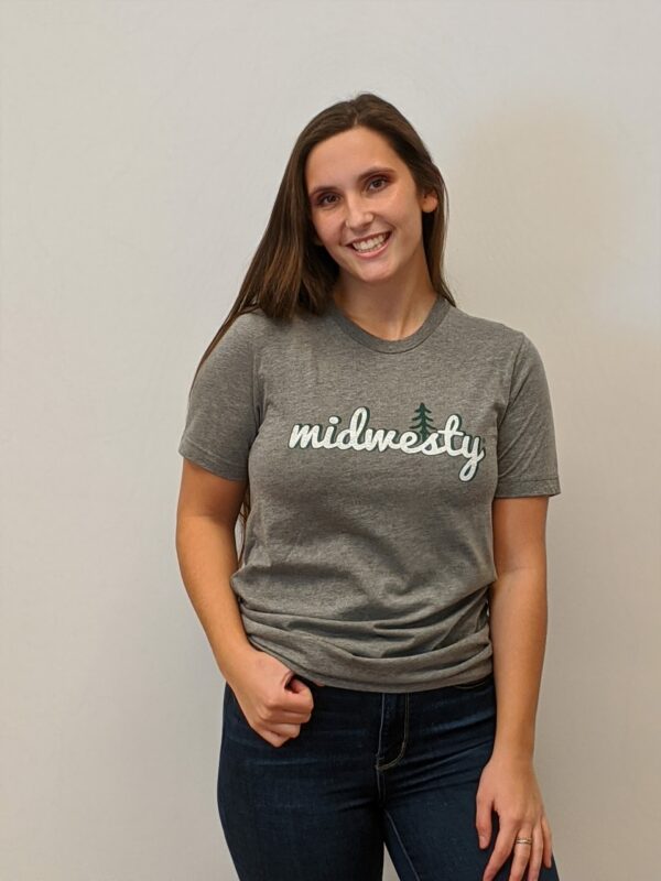 women wearing gray short sleeve t shirt with midwesty written in white